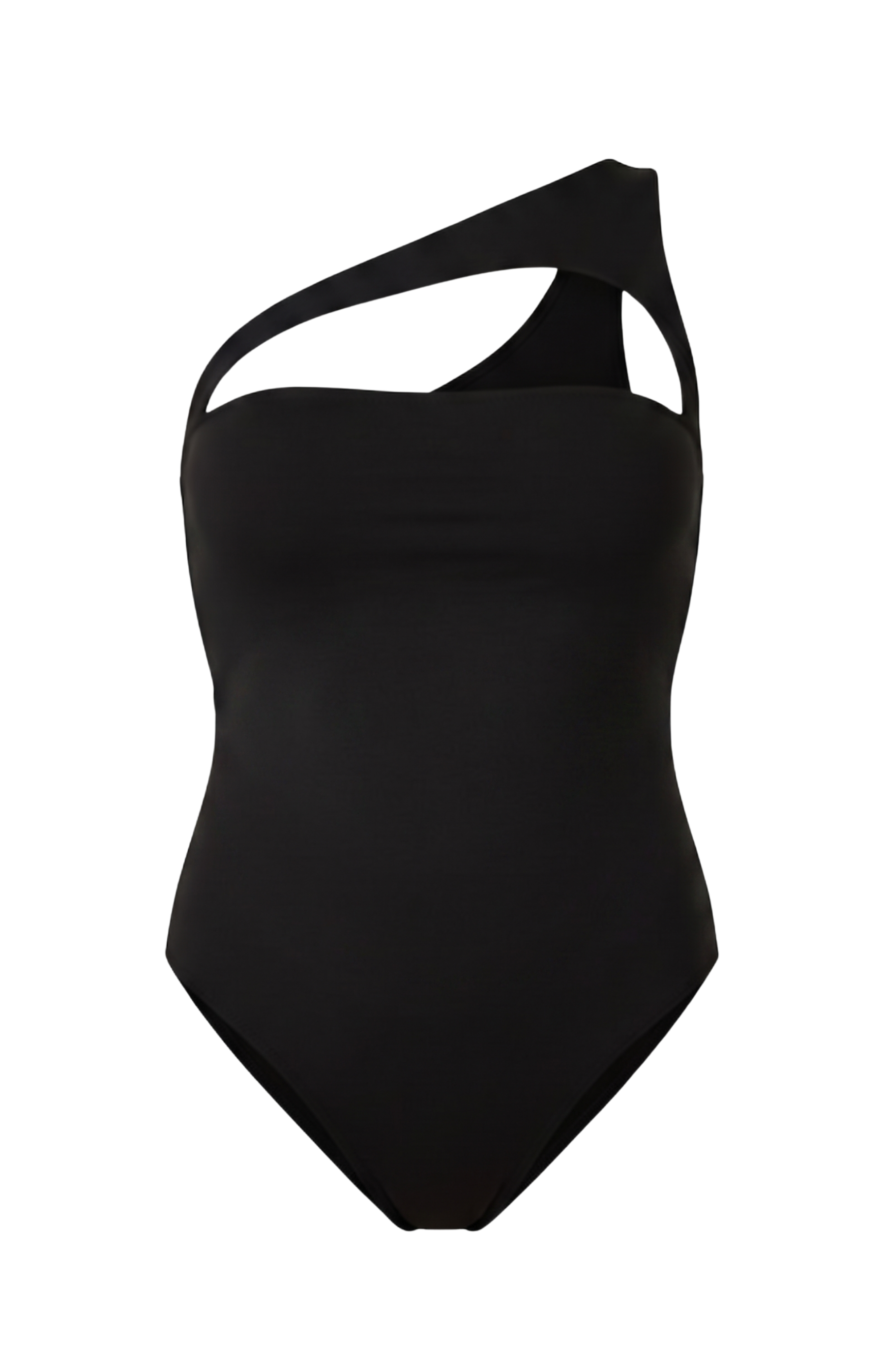 Designer, one-shoulder Cordelia monokini swimsuit in black and blue with cut-outs, removable cups, customized fit and plus sizes. Stylish swimwear for sexy summer looks.