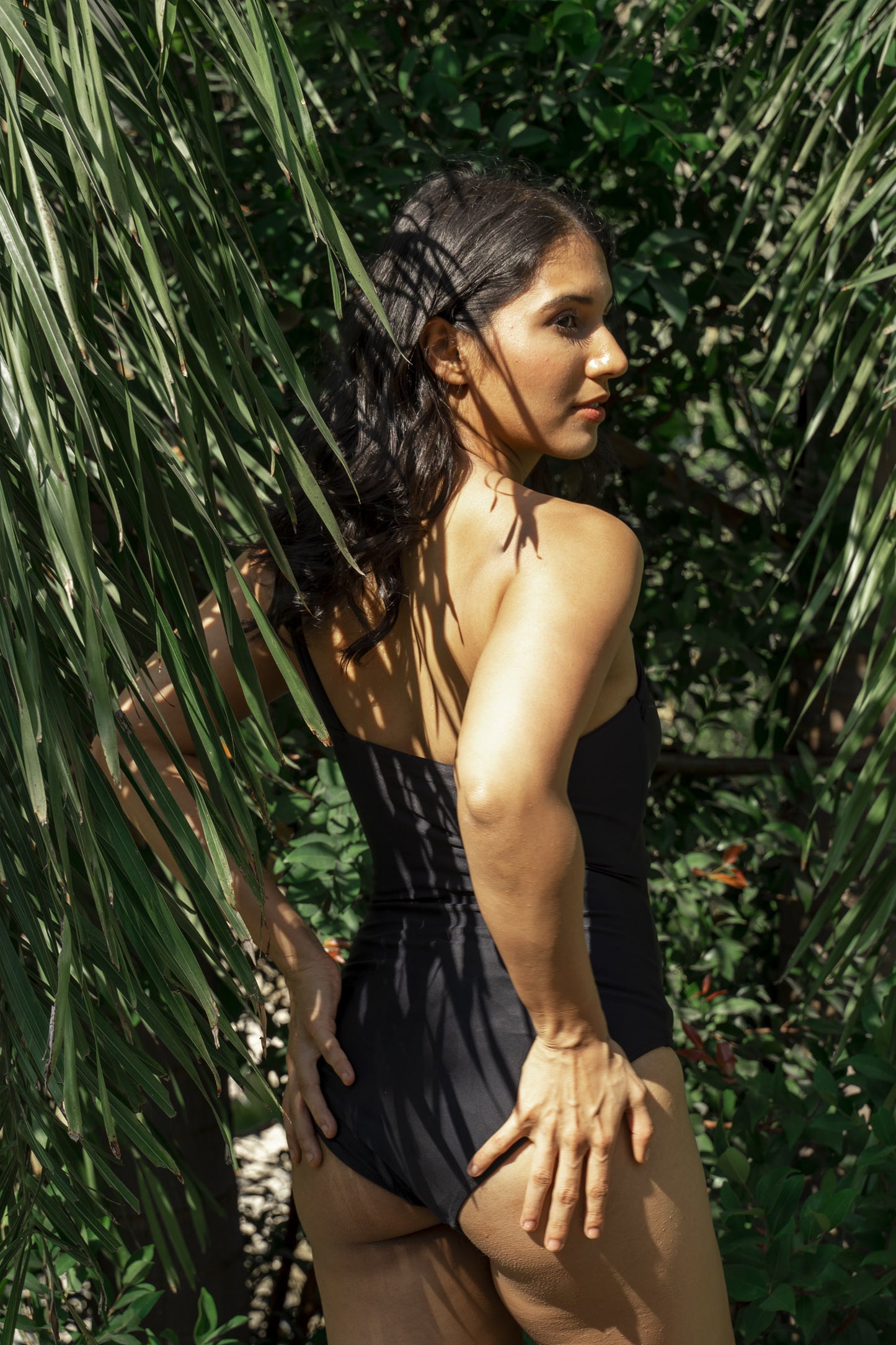 Women’s Cordelia black monokini with cut out design and asymmetrical strap, stylish modern one piece beachwear
