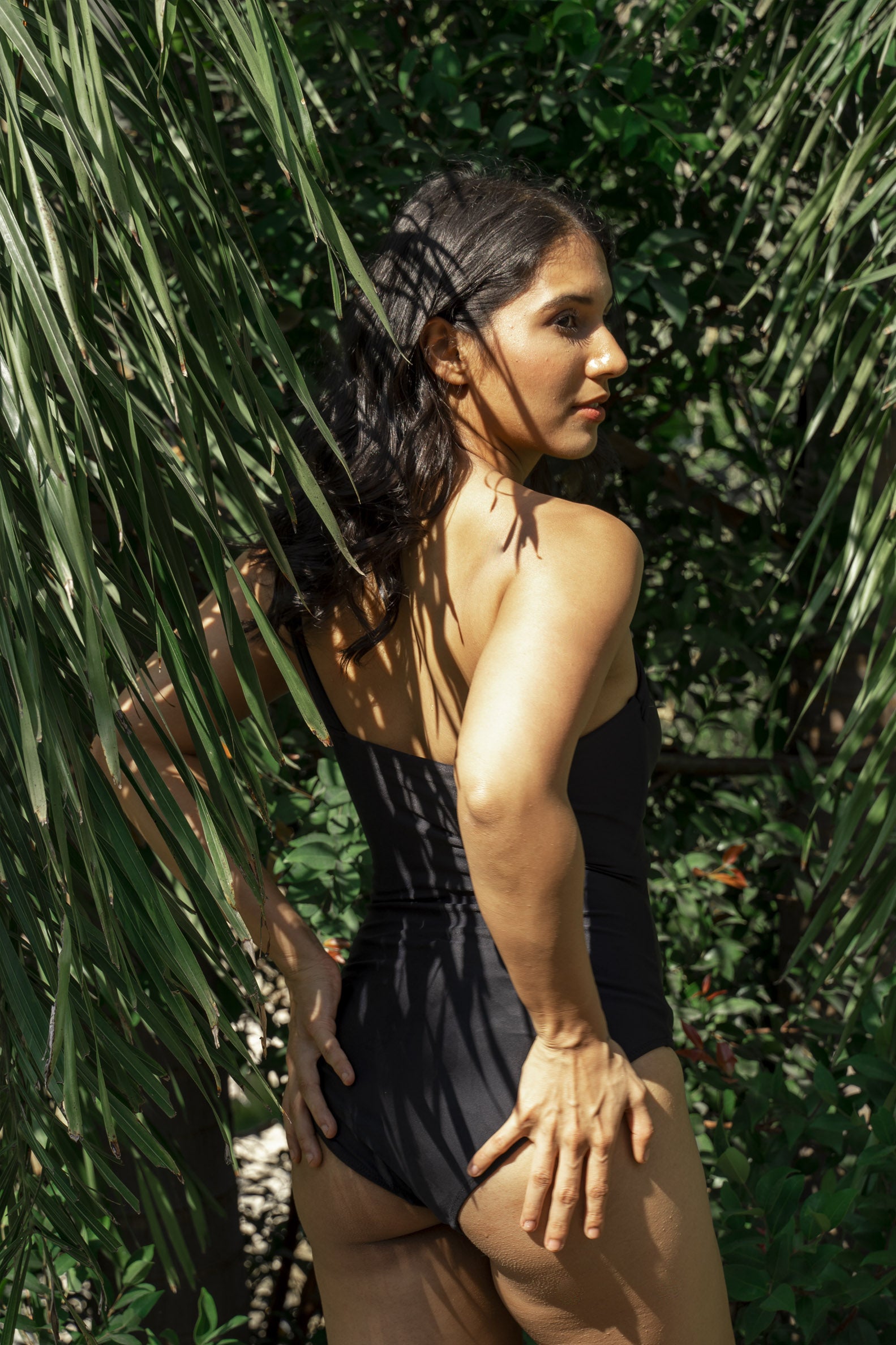 Designer, one-shoulder Cordelia monokini swimsuit in black and blue with cut-outs, removable cups, customized fit and plus sizes.