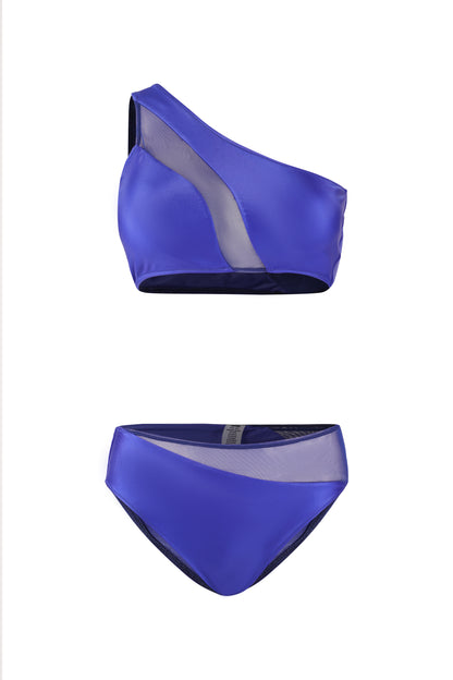 Stylish blue one-shoulder bikini set with asymmetrical mesh detailing, designed for a bold, modern look perfect for beach days, poolside lounging, and resort wear.