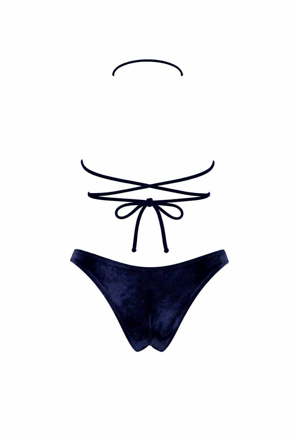 Designer, custom fit navy blue and purple Daydream Bikini Set swimwear for women in velvet with braided halter neck straps, ruched underwire top, removable cups, low waist bottom and plus sizes.