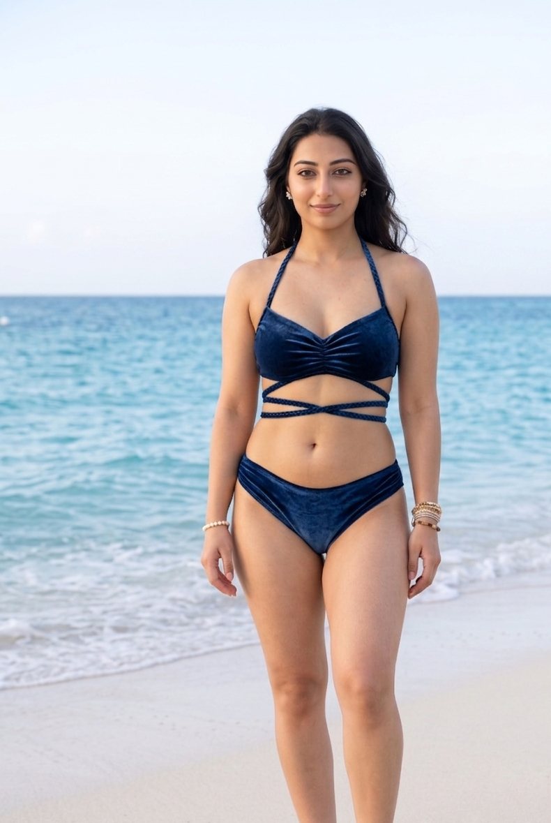Designer, custom fit navy blue and purple velvet Daydream Bikini Top for women with braided halter straps, ruched design, UV protection, removable cups and plus sizes.