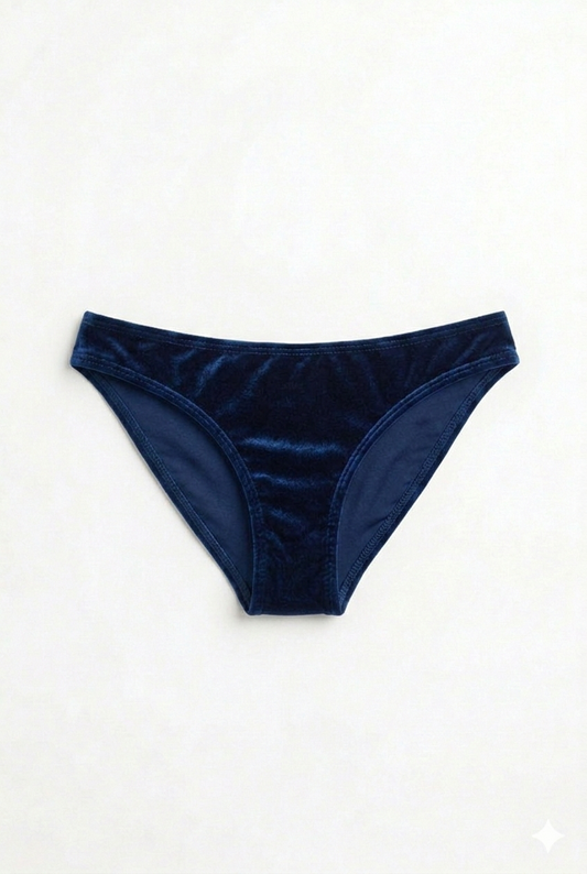 Navy blue velvet bikini bottom for women, stylish swimwear, chic beachwear, comfortable mid rise fit, designer summer wear
