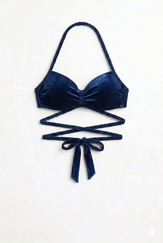 Navy blue and purple velvet bikini top and bottom for women, stylish swimwear, chic beachwear, mid rise summer wear