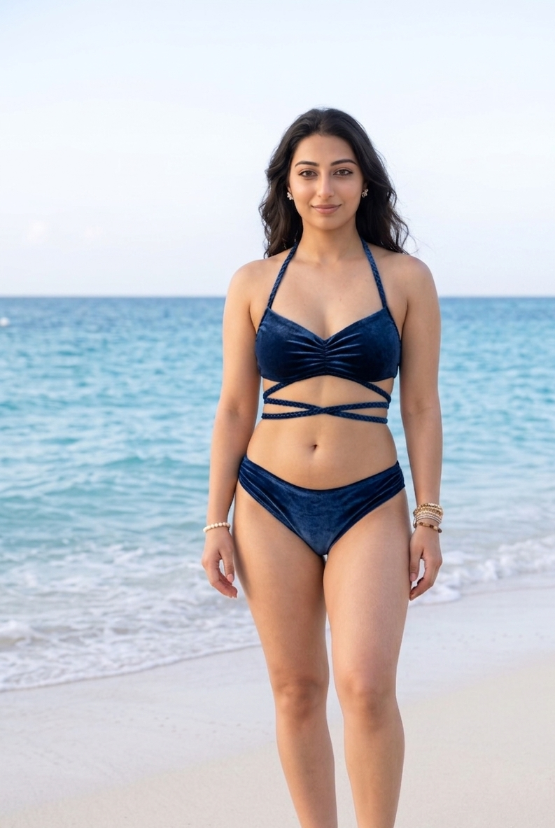 Designer, custom fit navy blue and purple Daydream Bikini Set swimwear for women in velvet with braided halter neck straps, ruched underwire top, removable cups, low waist bottom and plus sizes.