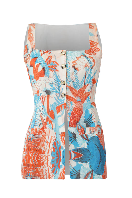 Firenze coordset top for women in blue coral tropical print stylish summer and beachwear sleeveless chic and elegant fashion