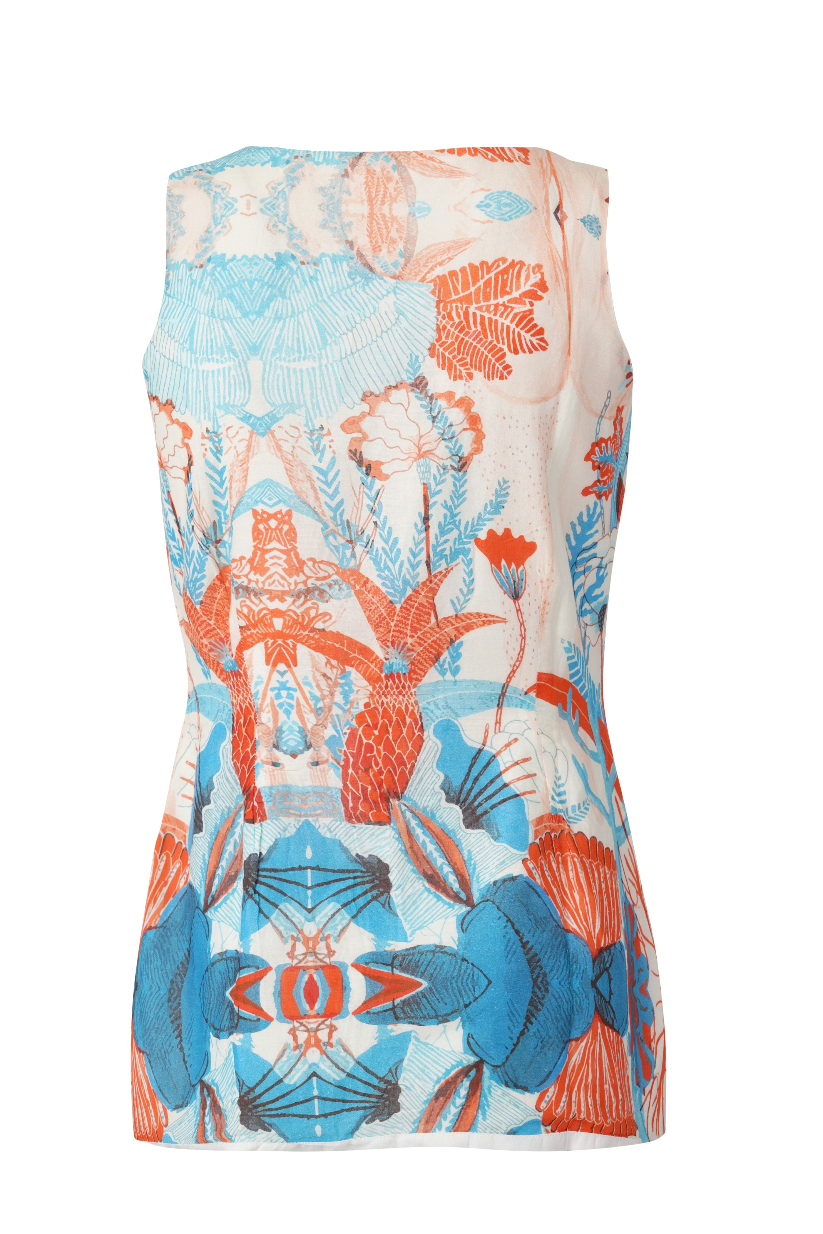 Designer sleeveless Firenze Vest top for women in sustainable, tropical printed quick-dry fabric and plus sizes. Stylish, comfortable beachwear for holiday outings.