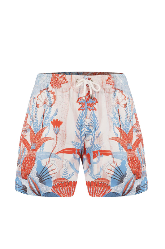 Firenze men comfortable, custom fit designer coral printed swimwear and beachwear shorts in sustainable ECONYL® fabric