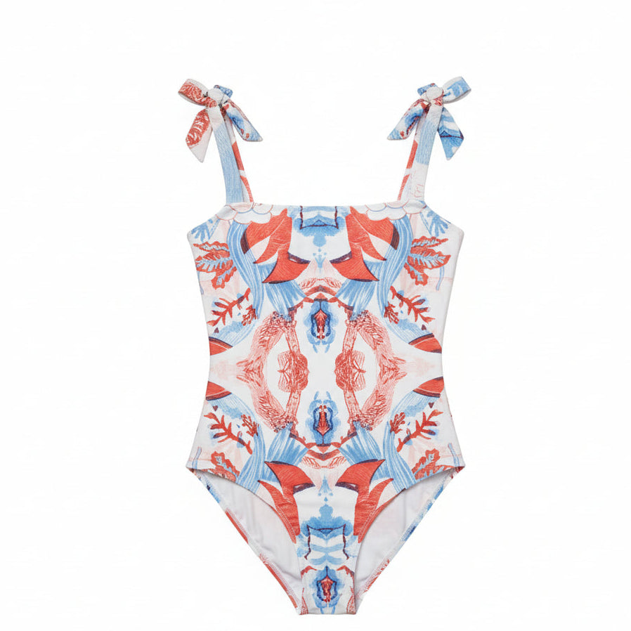 Firenze Monokini for women with blue coral print, stylish beachwear swimsuit with tie straps for women