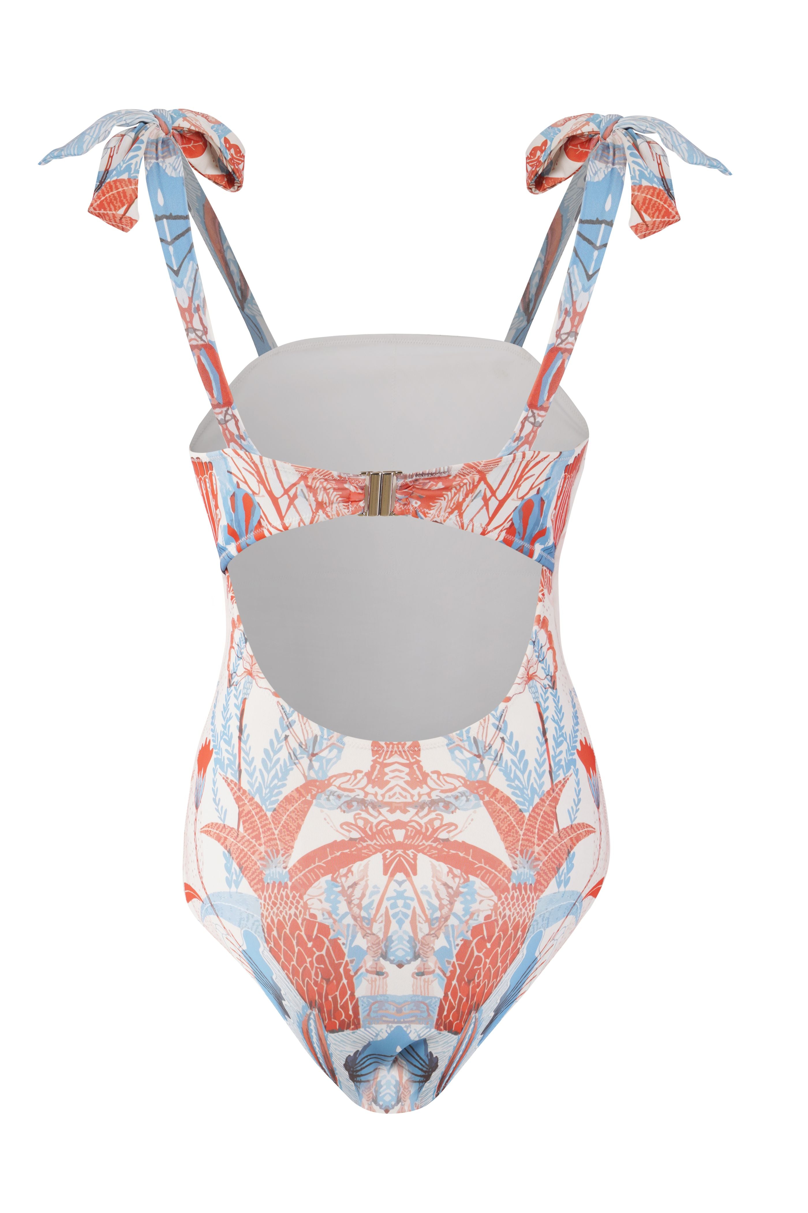 Designer Firenze monokini for women in  tropical printed sustainable fabric, square neck line, shoulder ties, back clasp, custom fit and plus sizes. Sexy swimwear for stylish summer looks.