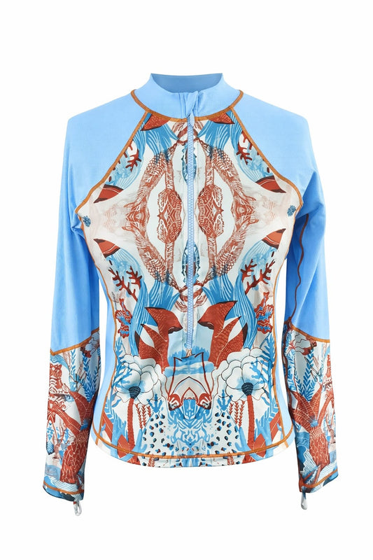 Unisex printed Firenze rash guard swimwear, sustainable beachwear and resort wear swim top with SPF 50 UV protection