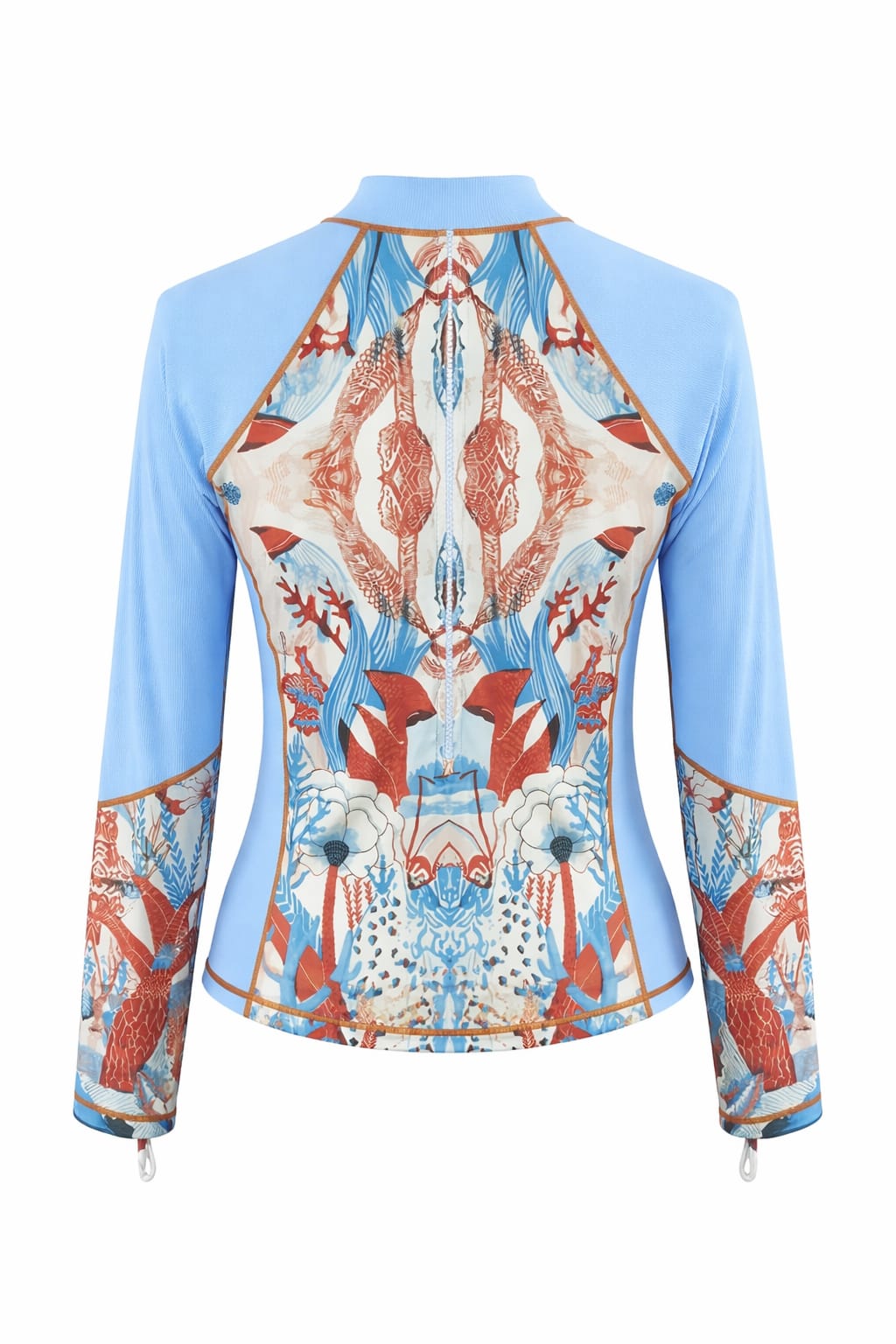 Designer, unisex Firenze rash guard made from quick-dry sustainable fabric in blue with an oceanic design, long sleeves, front zip, SPF 50 UV protection & plus sizes.