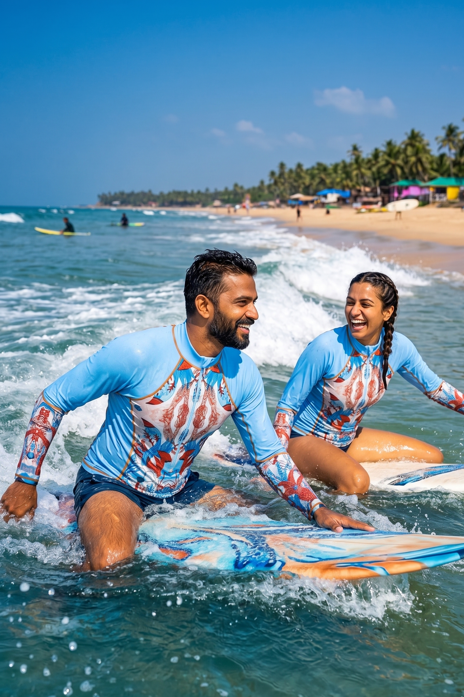 Designer, unisex Firenze rash guard made from quick-dry sustainable fabric in blue with an oceanic design, long sleeves, front zip, SPF 50 UV protection & plus sizes.