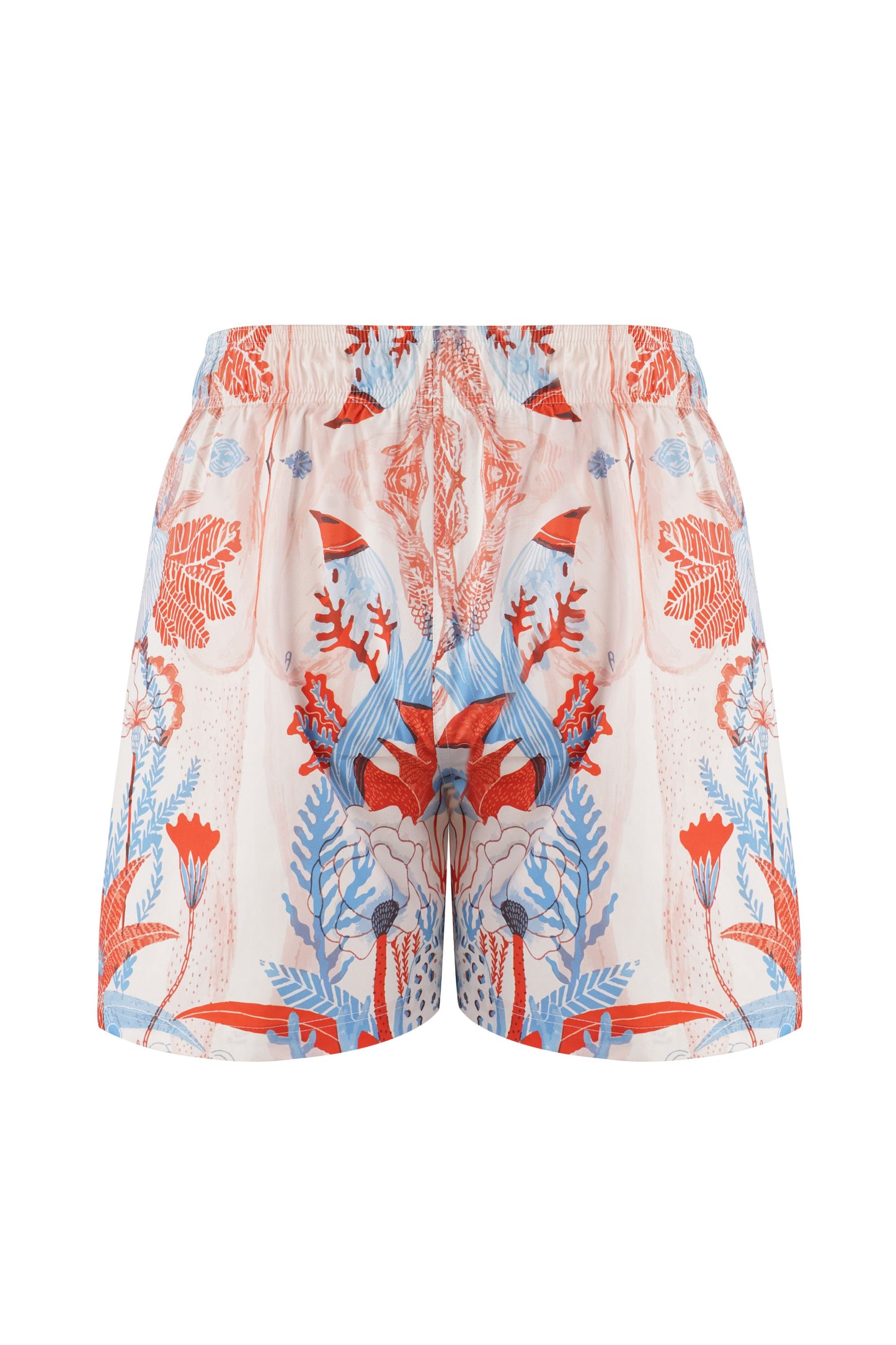 Firenze boys swim shorts with coral print, blue and red designer beachwear, matching family set, summer wear stylish