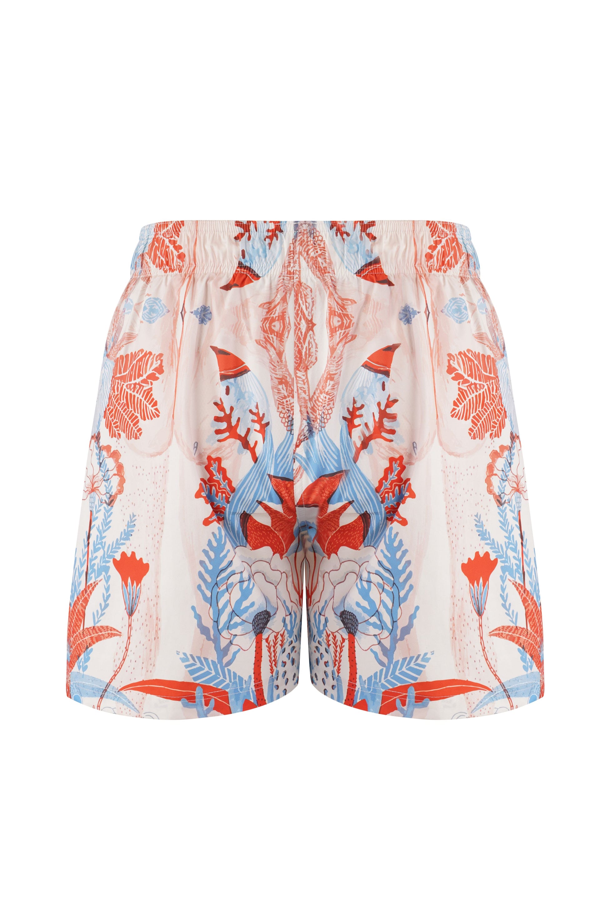 Firenze boys swim shorts with coral print, blue and red designer beachwear, matching family set, summer wear stylish