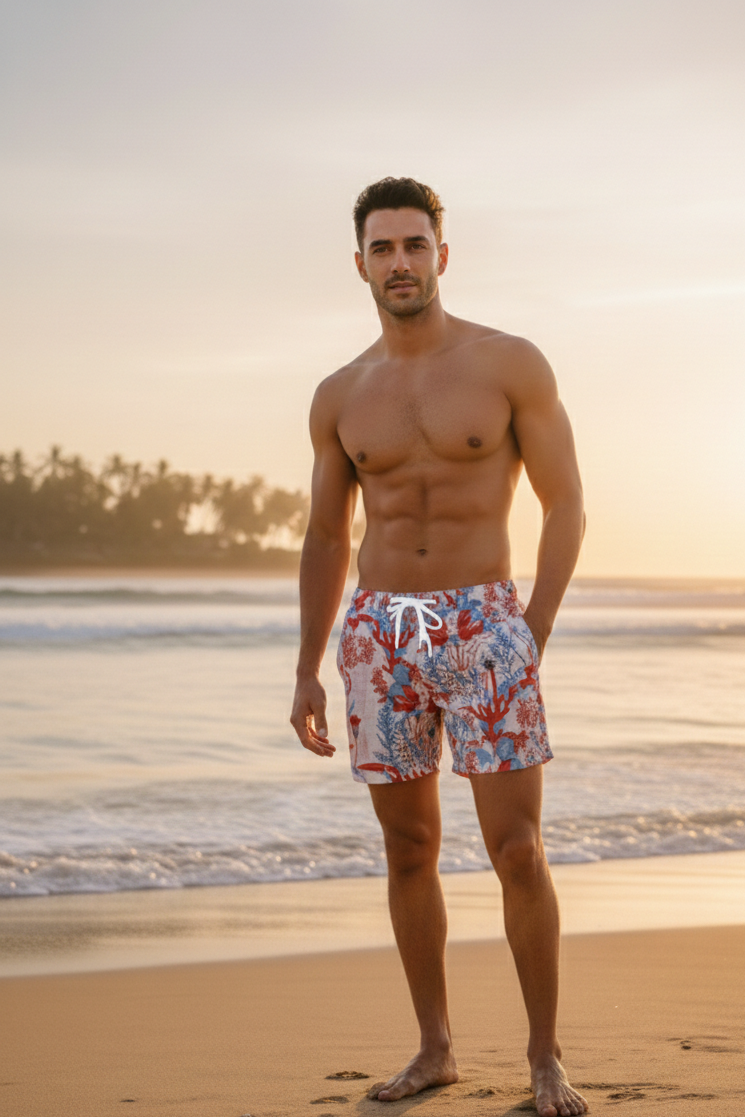 Designer Firenze shorts for men in artistic tropical printed sustainable fabric, elastic waistband, adjustable drawstring ,plus sizes and matching family set. Comfortable swimwear shorts for kids.
