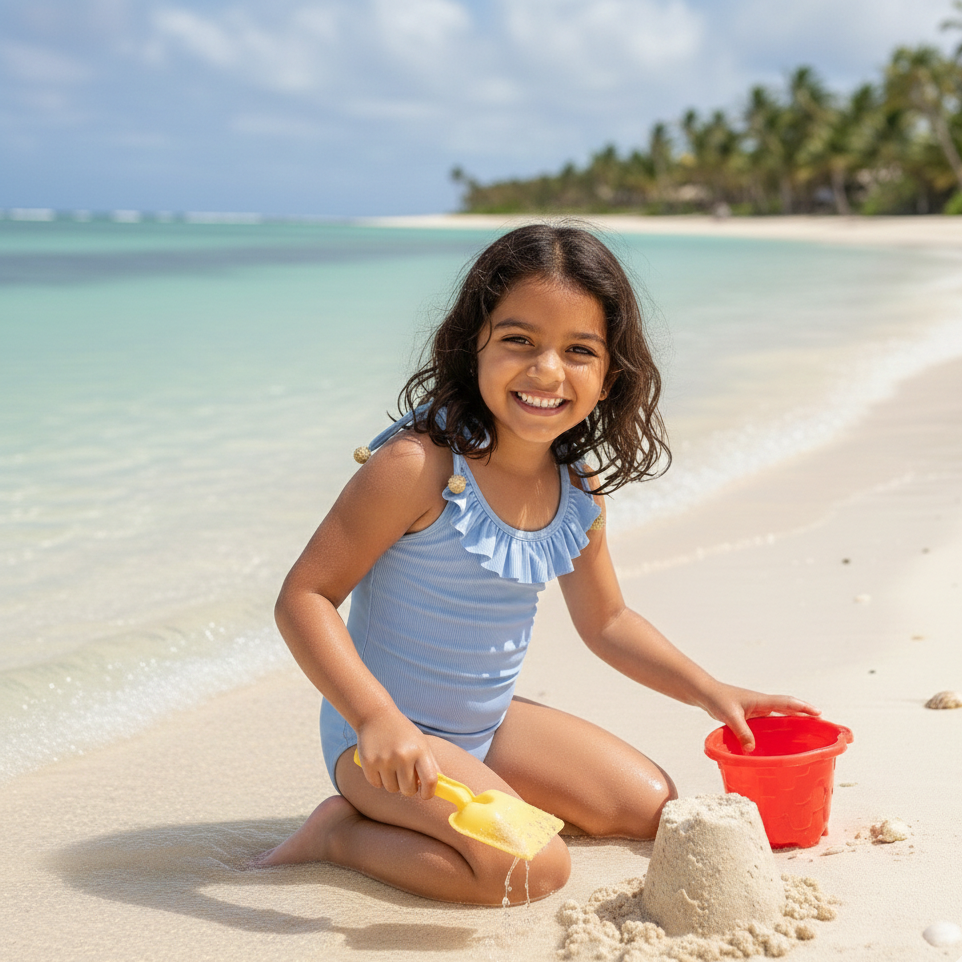 Girls light blue ruffle one-piece swimsuit with tie straps, matching family swimwear for girls up to 12 years.
