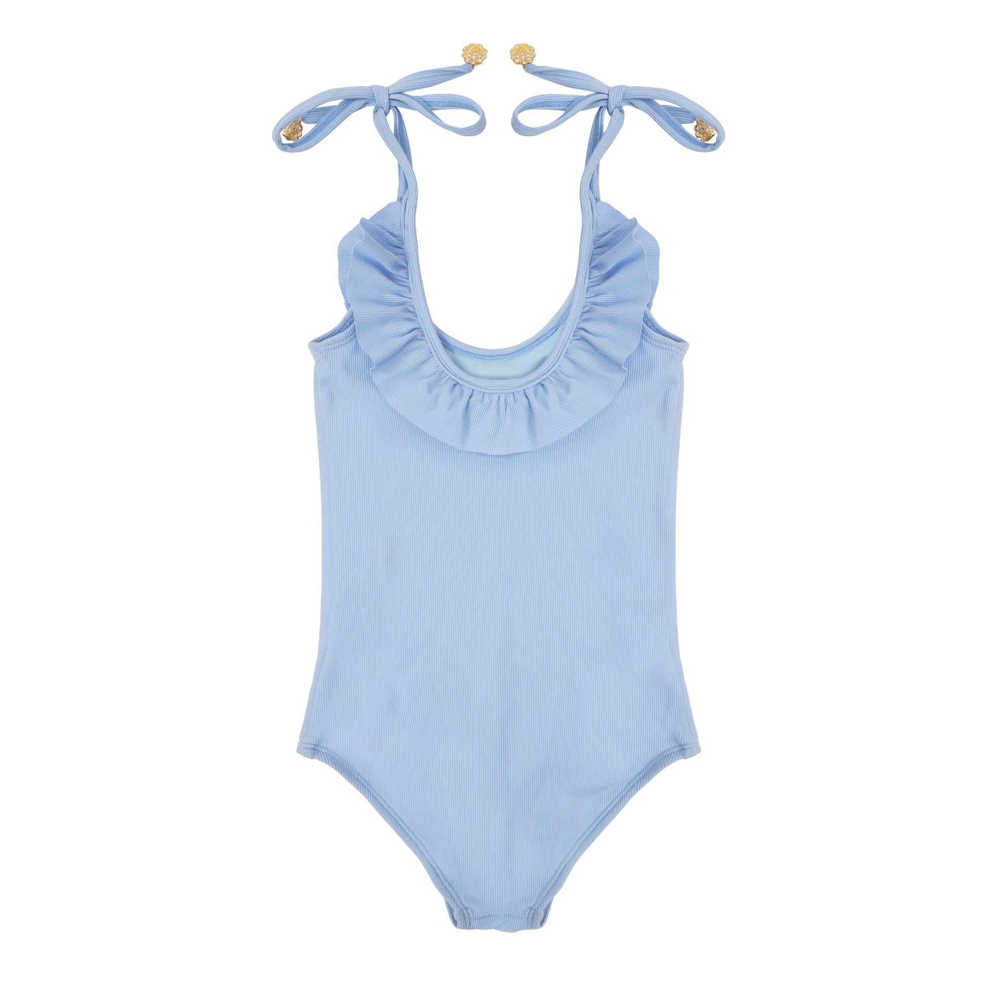 Girls light blue ruffle one-piece swimsuit with tie straps, matching family swimwear  for girls up to 12 years.