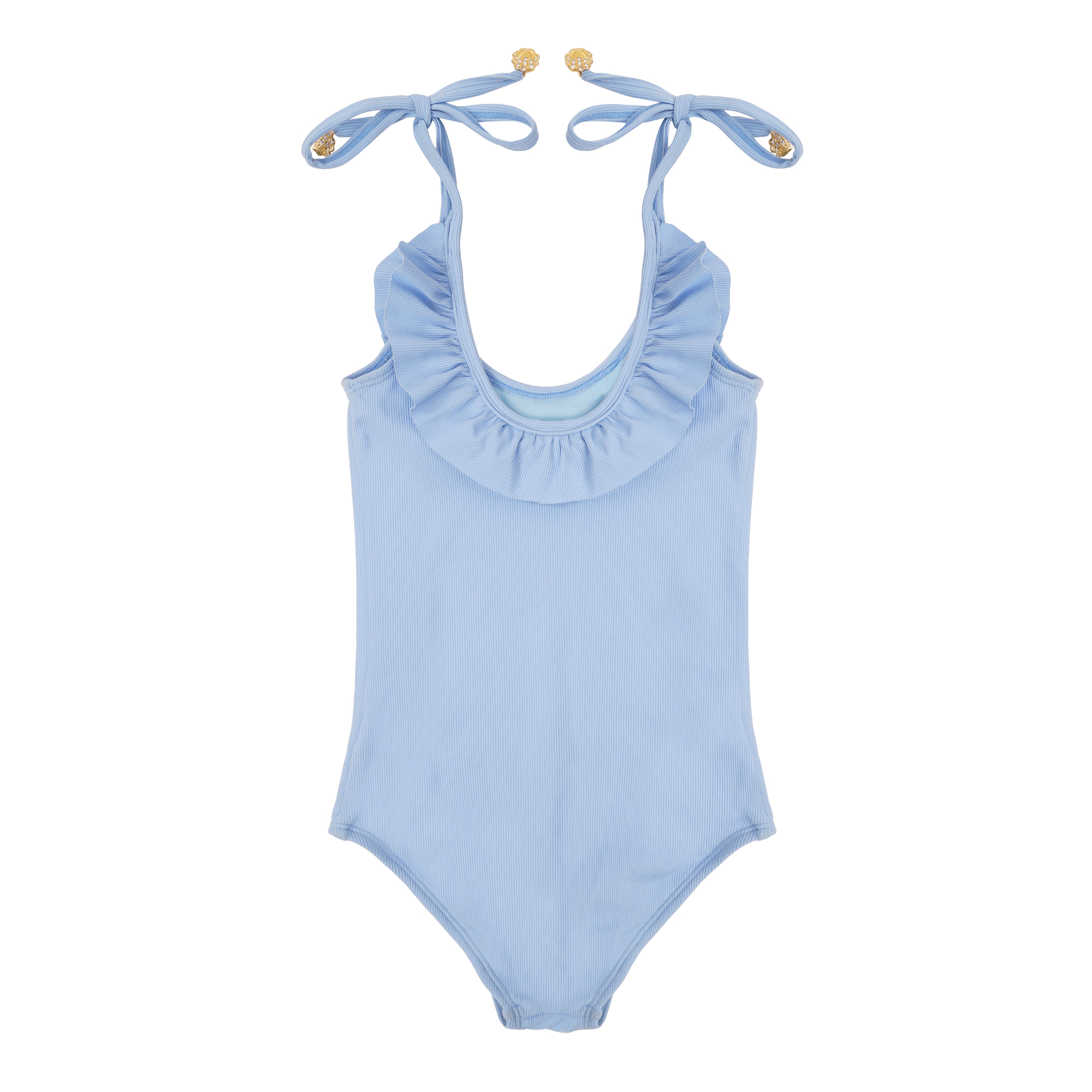Designer Iris Swimsuit for girls in blue with sea shell charms on side ties, ruffled design, customized fit and plus sizes. Comfortable swimwear for kids holiday outings.