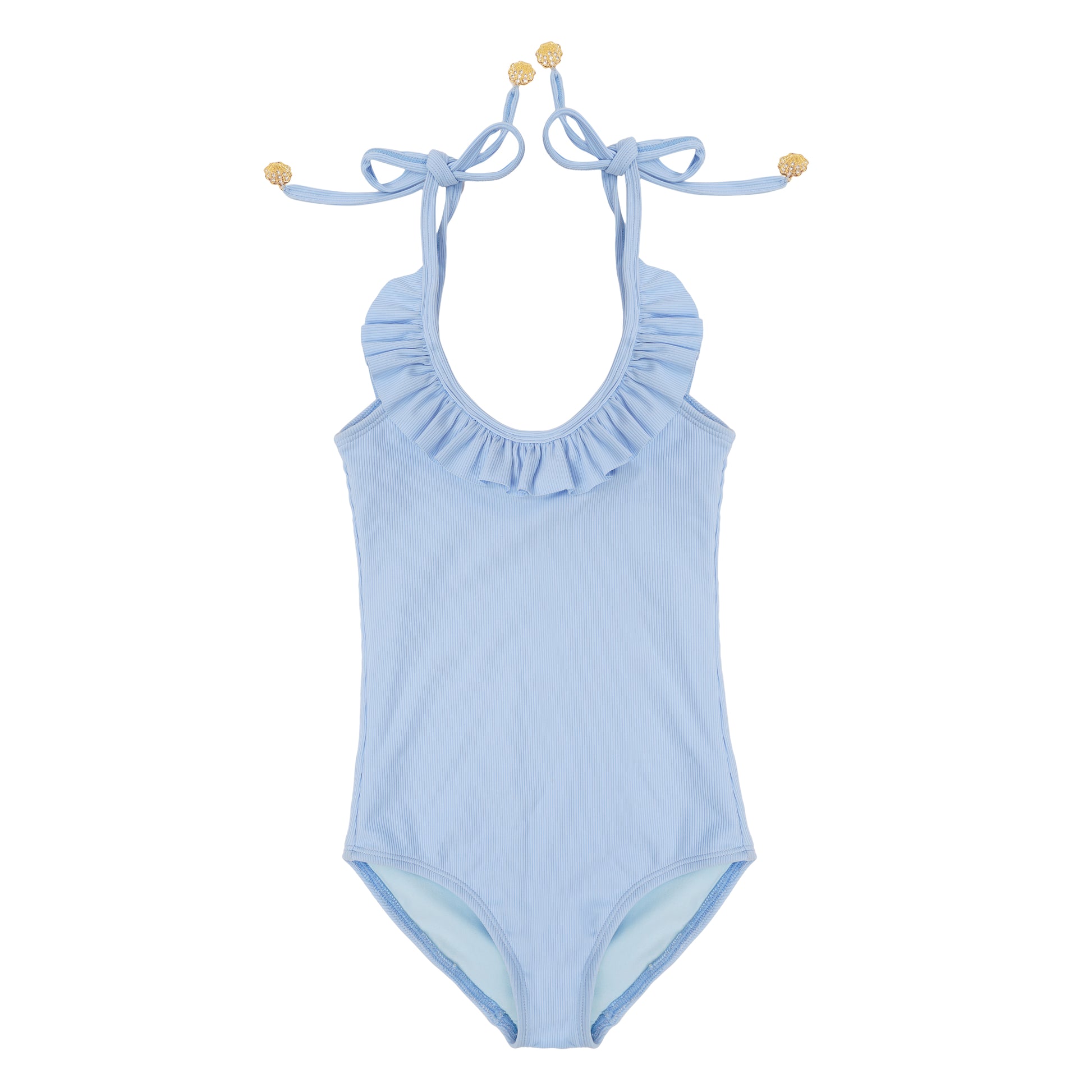 Girls light blue ruffle one-piece swimsuit with tie straps, matching family swimwear for girls up to 12 years.
