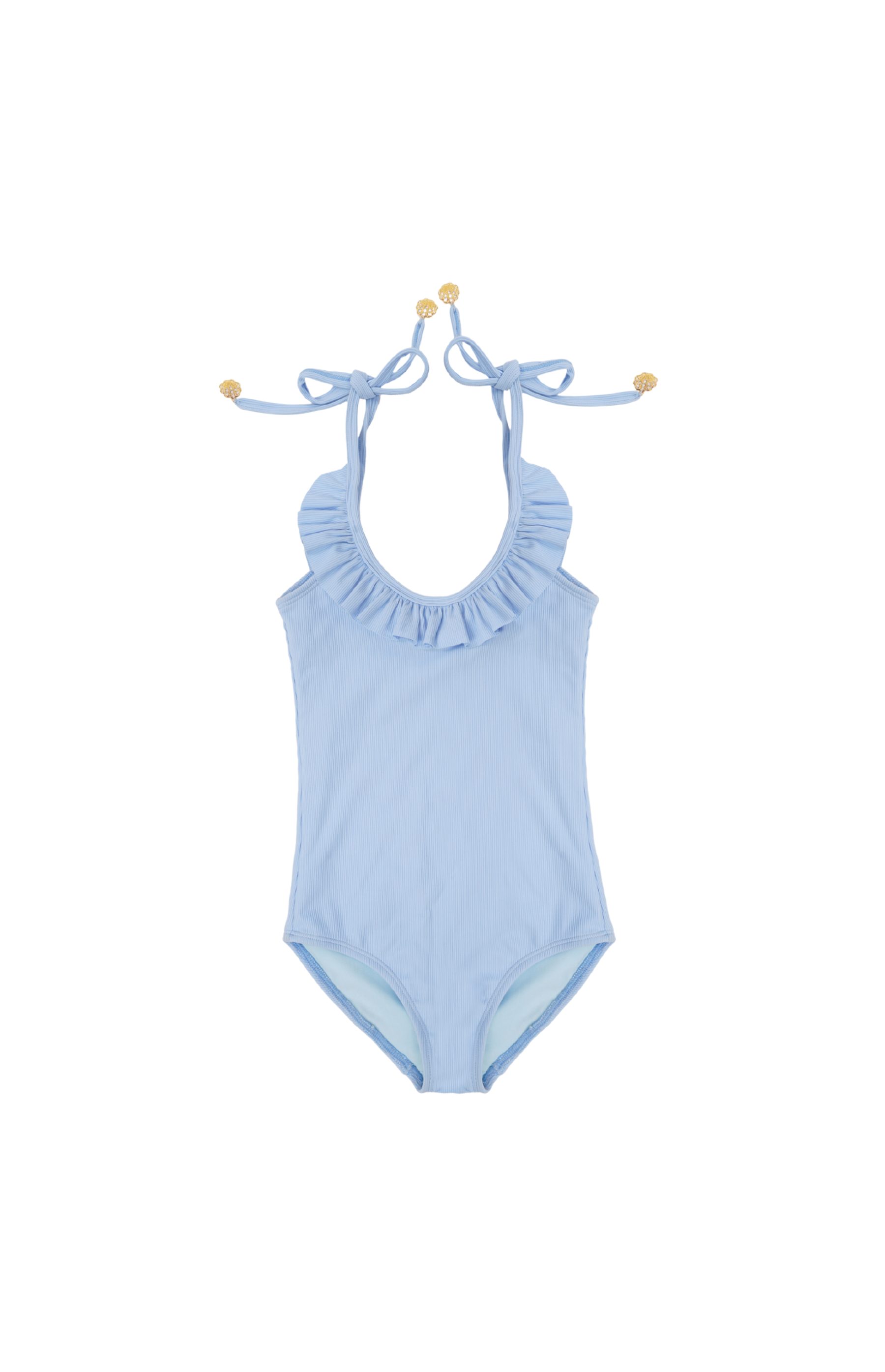 Designer Iris Swimsuit for girls in blue with sea shell charms on side ties, ruffled design, customized fit and plus sizes. Comfortable swimwear for kids beachwear and summer outings.