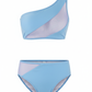 Stylish light blue one-shoulder bikini set with asymmetrical mesh detailing, designed for a bold, modern look perfect for beach days, poolside lounging, and resort wear.