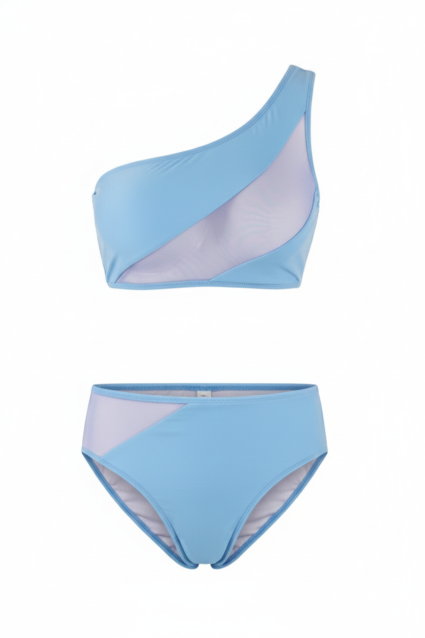 Stylish light blue one-shoulder bikini set with asymmetrical mesh detailing, designed for a bold, modern look perfect for beach days, poolside lounging, and resort wear.