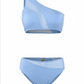 Stylish light blue one-shoulder bikini set with asymmetrical mesh detailing, designed for a bold, modern look perfect for beach days, poolside lounging, and resort wear.