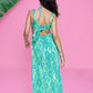 Marine Meadows green printed designer maxi dress with front cut-out, luxury women’s resort and swimwear cover-up