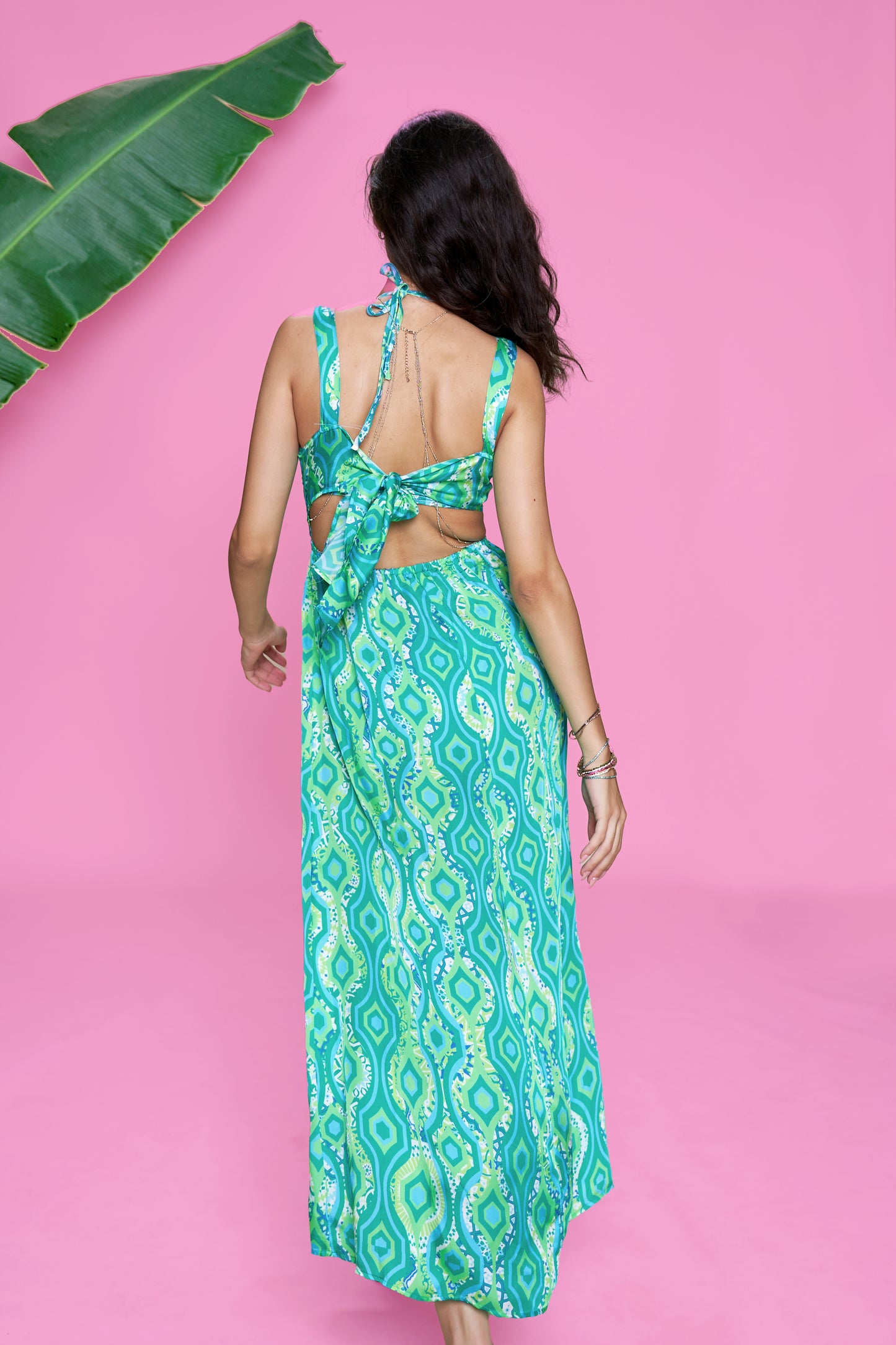 Marine Meadows green printed designer maxi dress with front cut-out, luxury women’s resort and swimwear cover-up