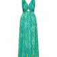 Marine Meadows green printed designer maxi dress with front cut-out, luxury women’s resort and swimwear cover-up.