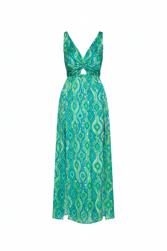 Marine Meadows green printed designer maxi dress with front cut-out, luxury women’s resort and swimwear cover-up.