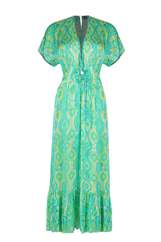 Marine Meadows green kaftan for women in lightweight beachwear fabric, elegant V-neck summer dress by the sea