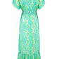 Marine Meadows green kaftan for women in lightweight beachwear fabric, elegant V-neck summer dress by the sea