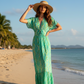 Marine Meadows green kaftan for women in lightweight beachwear fabric, elegant V-neck summer dress by the sea