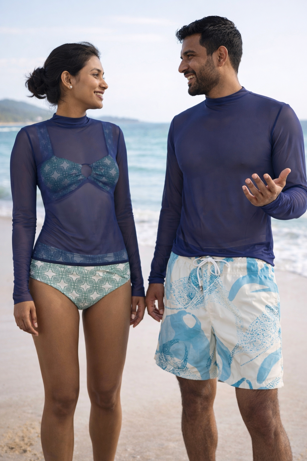 Designer, unisex Mesh rash guard in blue quick-dry fabric with a slim fit, high neck and long sleeves. Customizable and in plus sizes for summer and beach adventures.