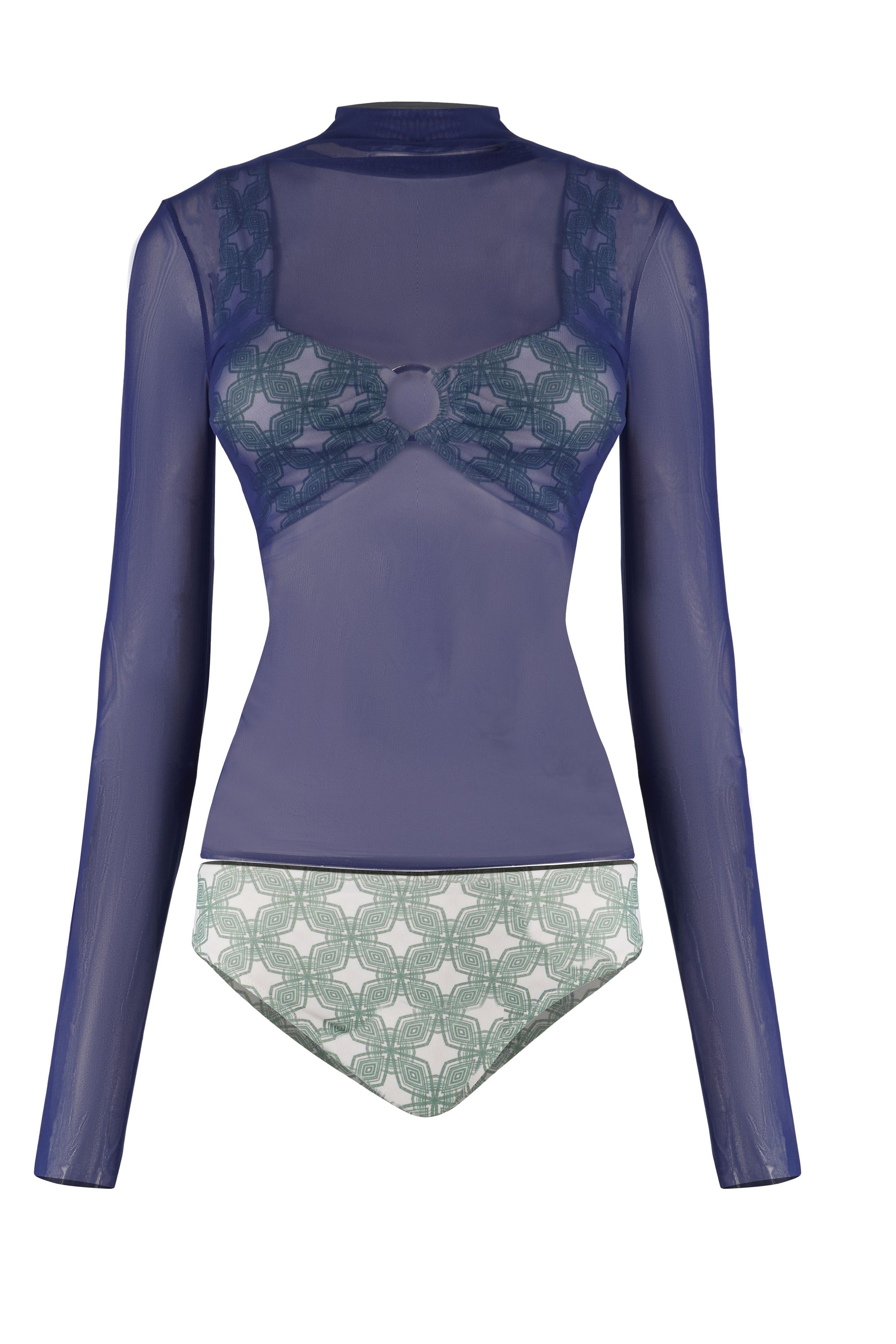 Mesh rash guard for women in navy sheer fabric, breathable stylish long sleeve beachwear swim top