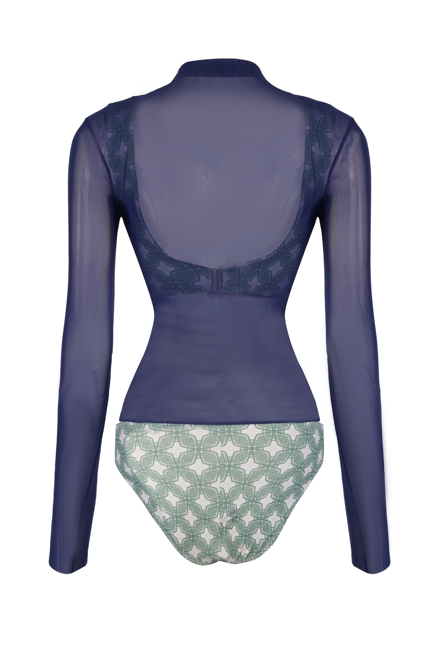 Mesh rash guard for women in navy sheer fabric, breathable stylish long sleeve beachwear swim top