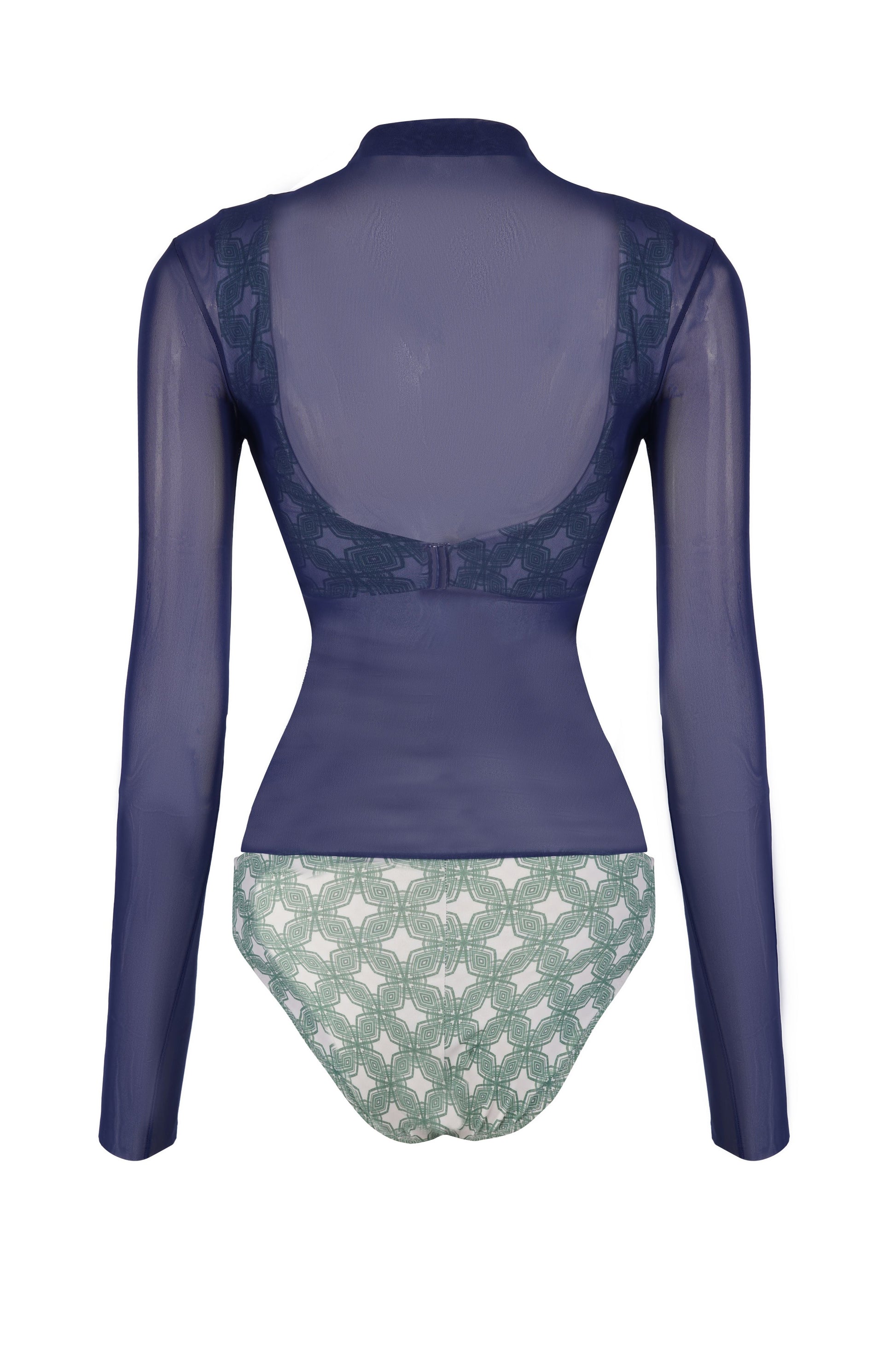 Mesh rash guard for women in navy sheer fabric, breathable stylish long sleeve beachwear swim top