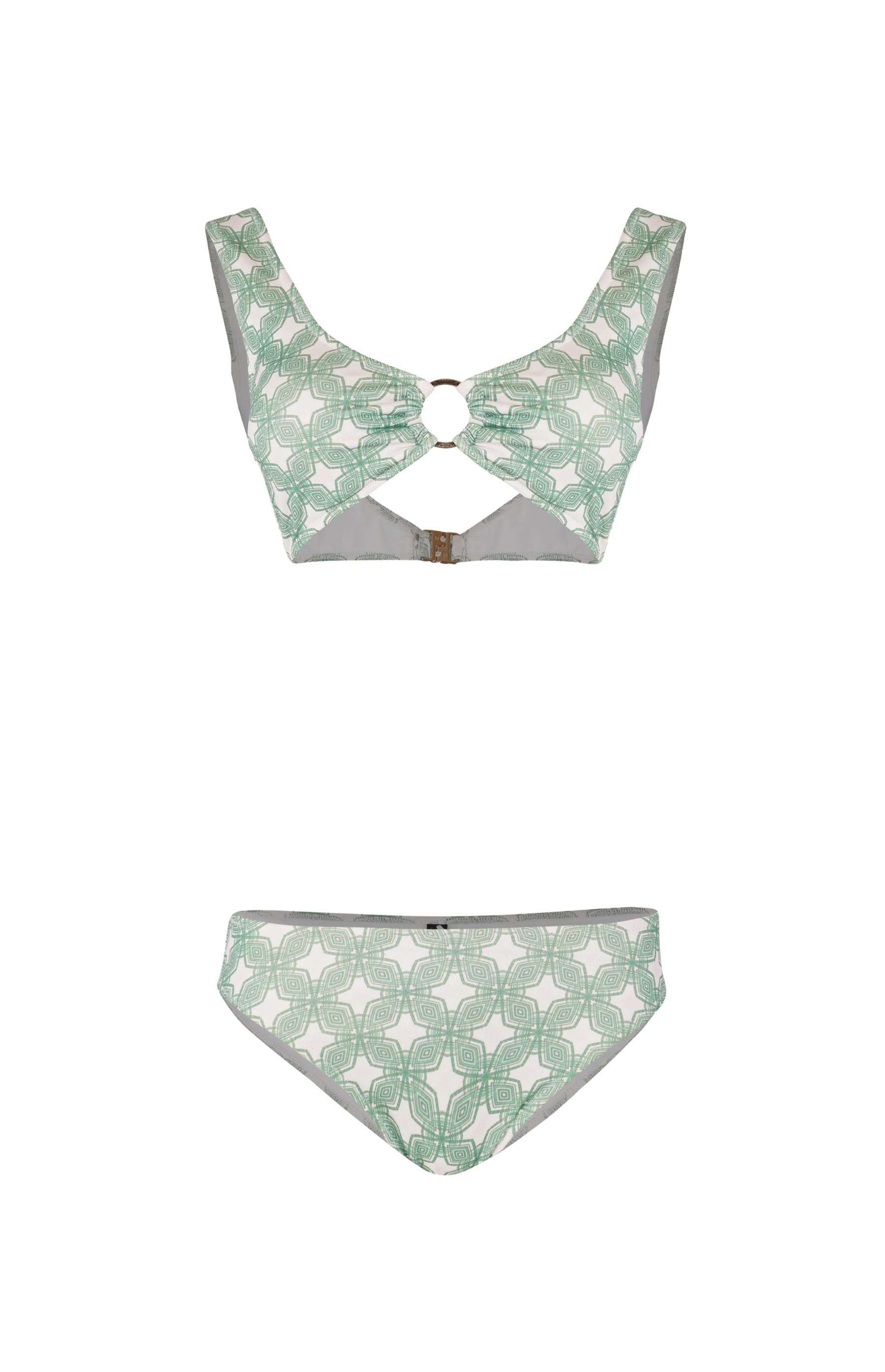 Designer, sustainable Milano Bikini Set for women with a scoop neckline and front ring accent, wide straps for support, secure back closure, underwire, removable cups, mid rise waist with regular coverage and matching family set. 
