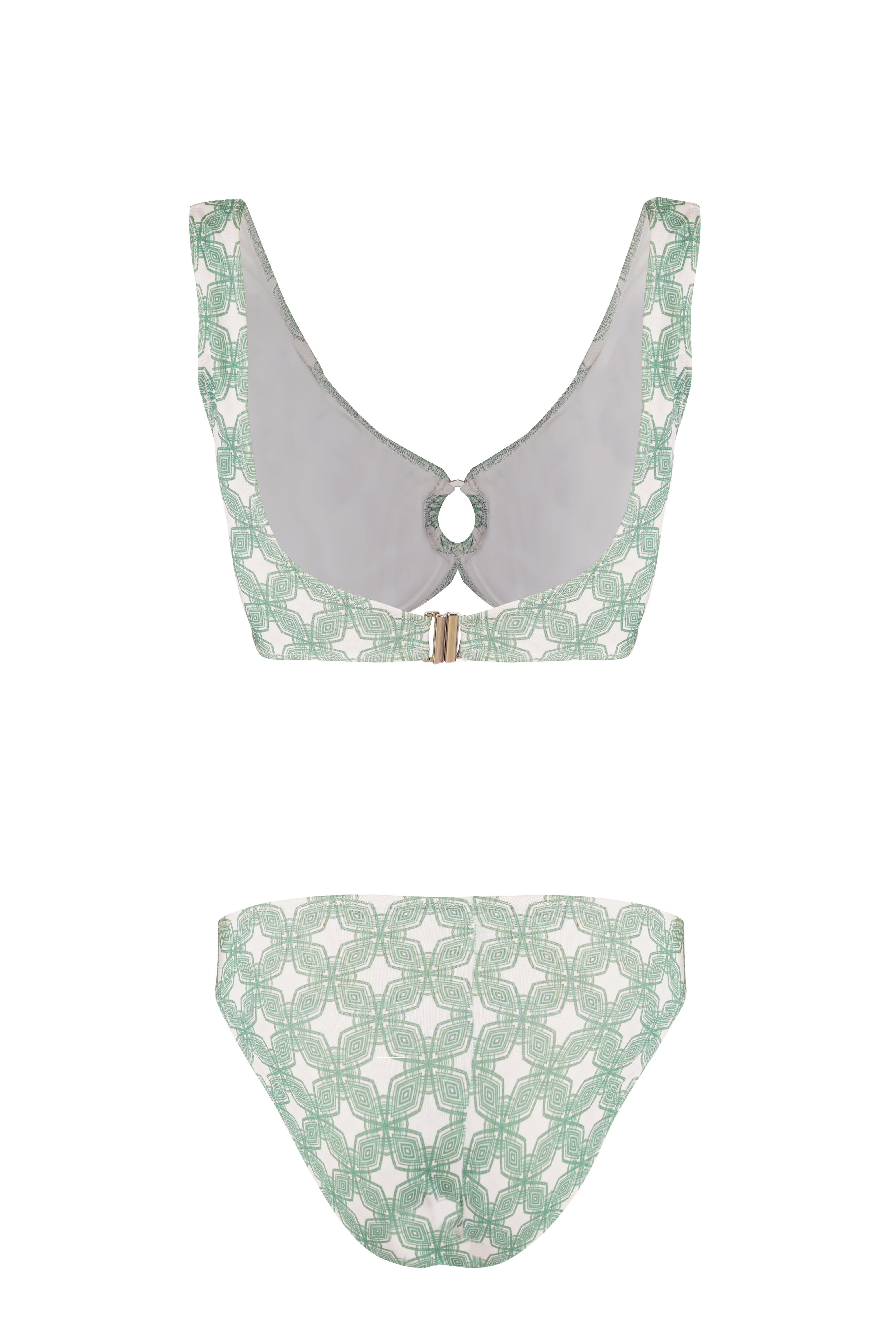Designer, sustainable Milano Bikini Set for women with a scoop neckline and front ring accent, wide straps for support, secure back closure, underwire, removable cups, mid rise waist with regular coverage and matching family set. 