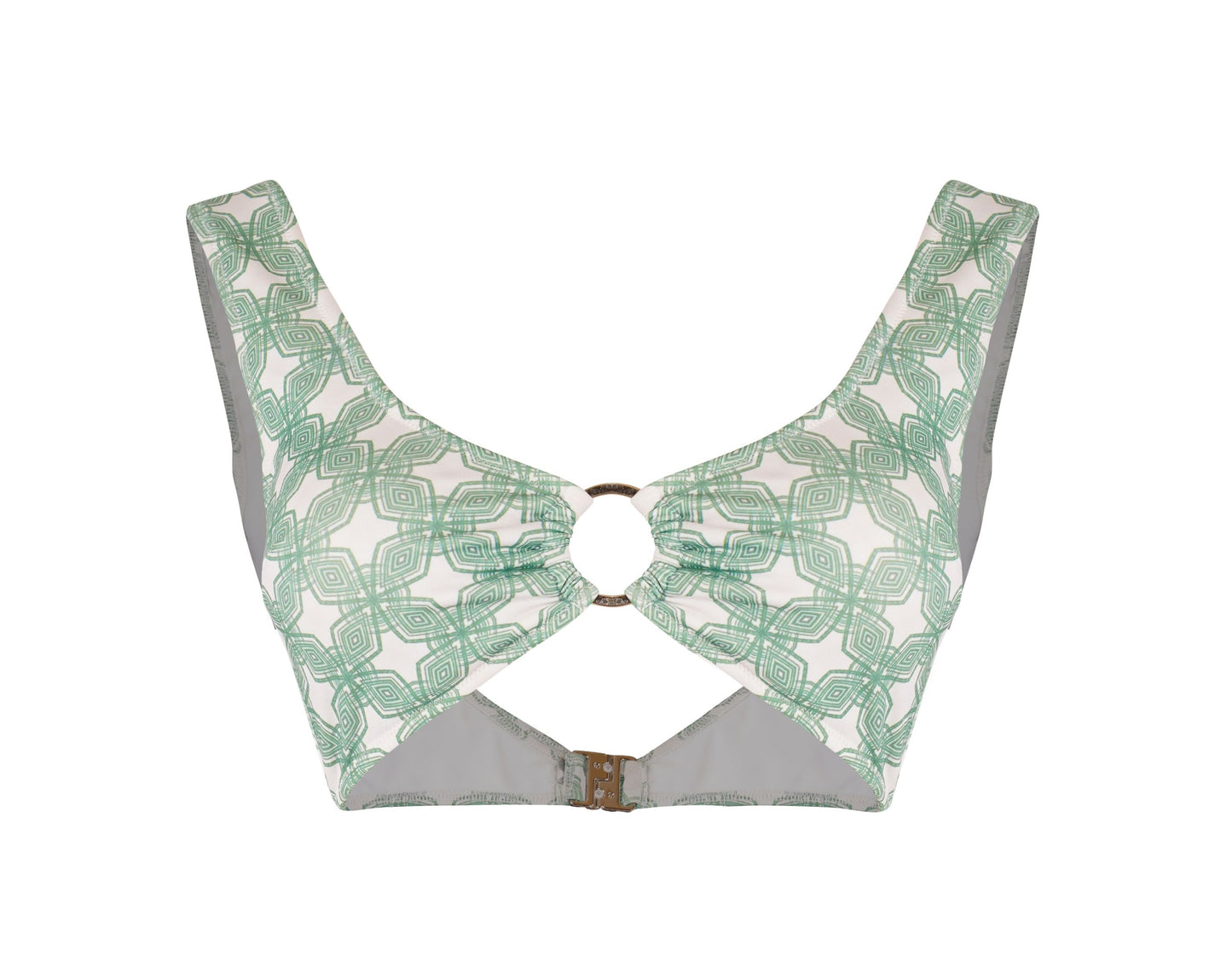 Milano bikini top for women in green geometric print, stylish summerwear, beachwear, comfortable and trendy bikini for women