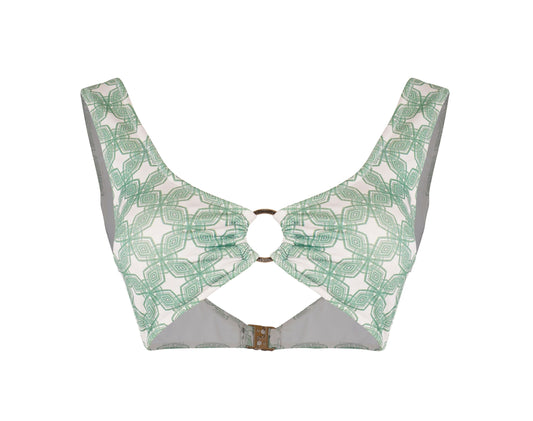 Milano bikini top for women in green geometric print, stylish summerwear, beachwear, comfortable and trendy bikini for women