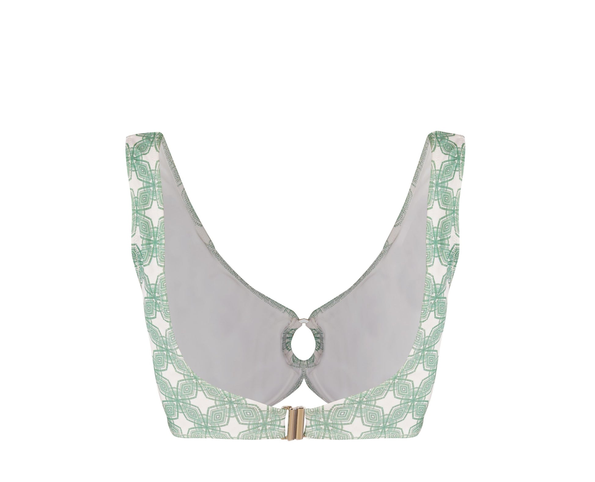 Milano bikini top for women in green geometric print, stylish summerwear, beachwear, comfortable and trendy bikini for women