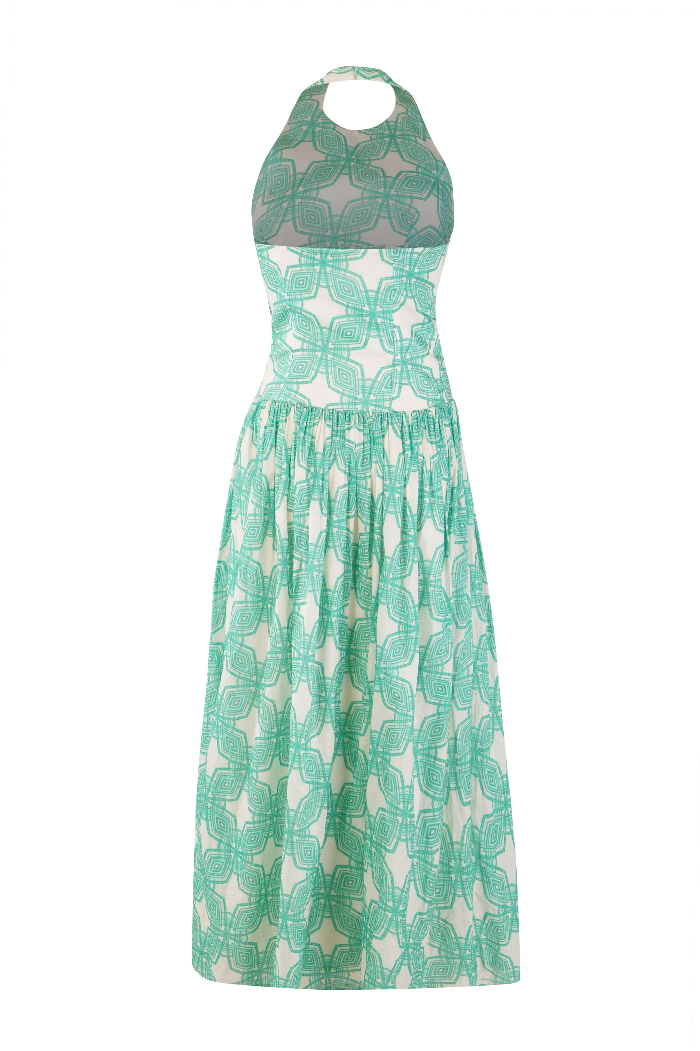 Designer, sustainable Milano Dress for women with halter neck design, full length gathered skirt and matching family sets. Customizable and in plus sizes. Stylish, comfortable beachwear and resort wear for holiday outings.