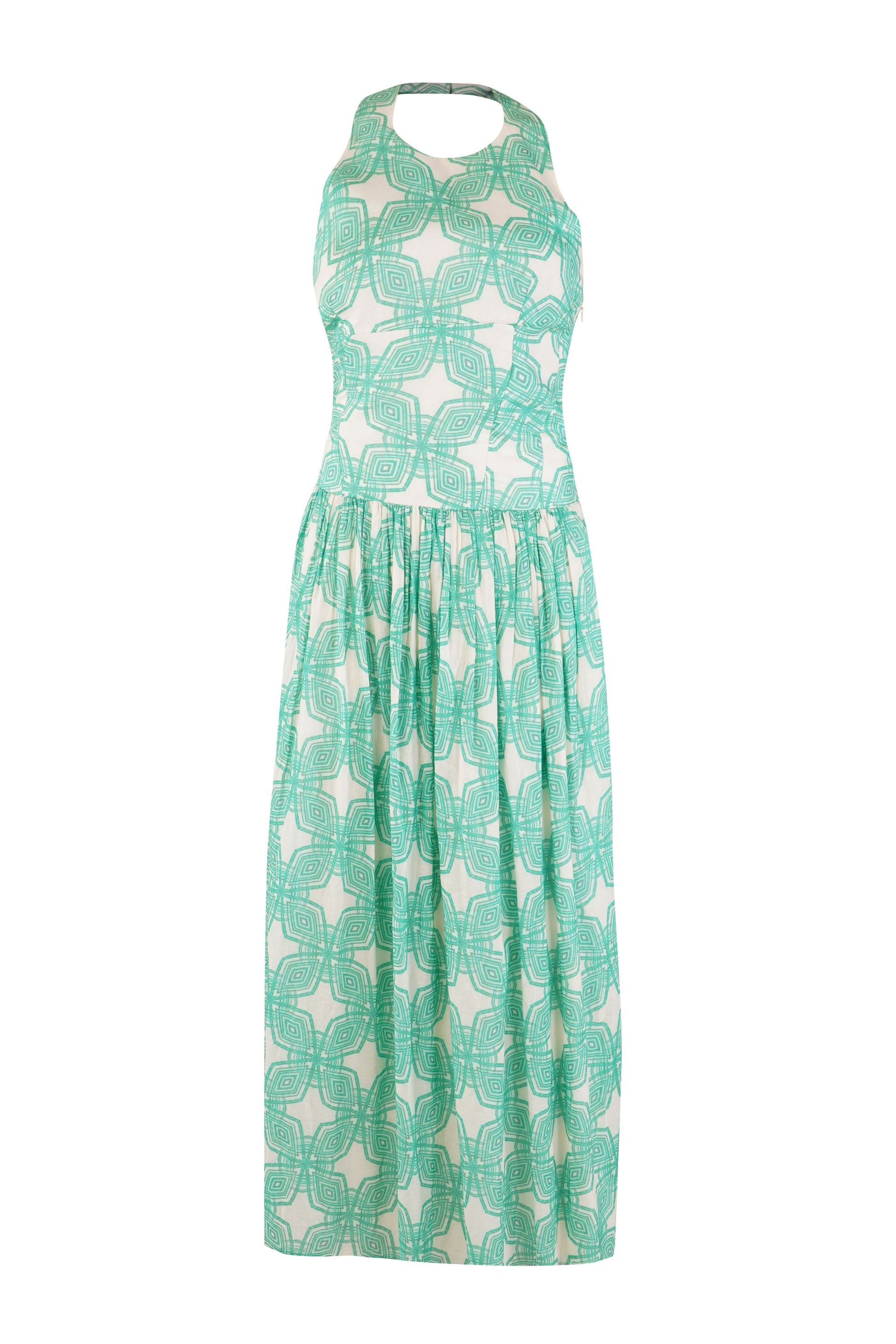 Milano dress for women in green geometric print, stylish summerwear and beachwear, comfortable trendy maxi dress