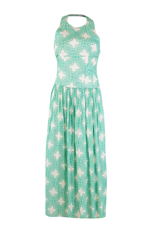 Milano dress for women in green geometric print, stylish summerwear and beachwear, comfortable trendy maxi dress
