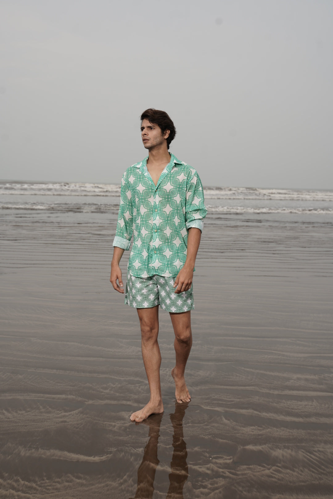 Designer, sustainable Milano shirt for men with geometric print design, full sleeves, UV sun protection, button up and matching family set. Customizable and in plus sizes. Comfortable beachwear and resort wear for holiday outings.