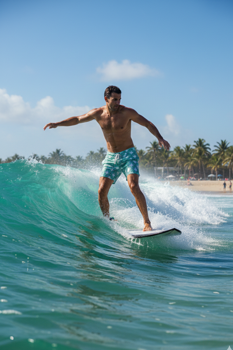 Milano shorts for men in green geometric print, stylish summer and beachwear, comfortable and trendy shorts for men