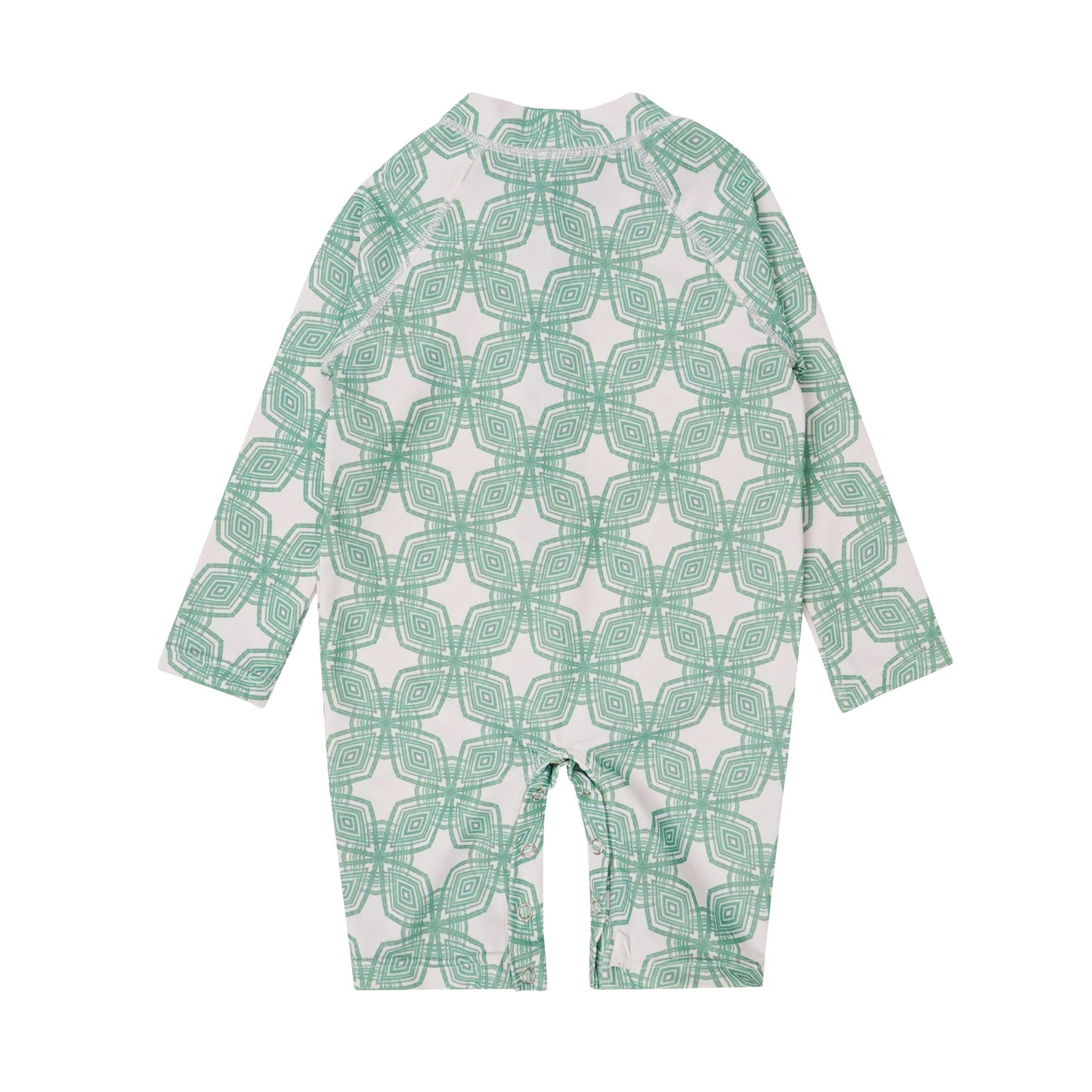 Milano unisex one-piece swimsuit with green geometric print and front zip, for babies and kids up to 12 years